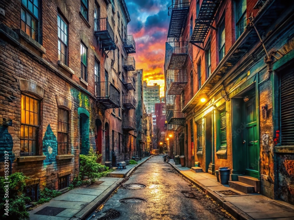 Fototapeta premium NYC Street Urban Exploration: Graffiti Art, Abandoned Building, Shadowy Alleyway