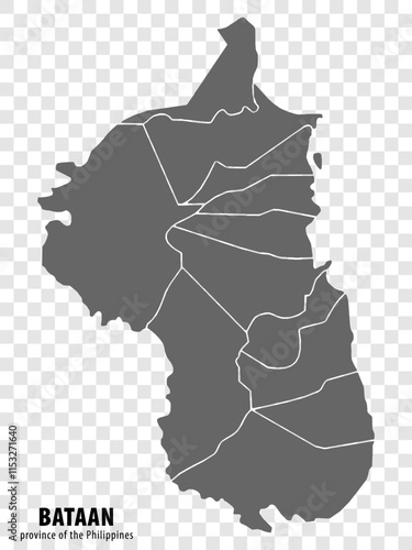 Blank map Bataan of Philippines. High quality map Province of Bataan with districts on transparent background for your web site design, logo, app, UI.  Republic of the Philippines.  EPS10. photo