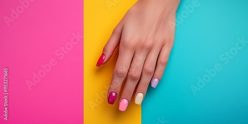 Hands showcasing a beautiful manicure on a vibrant color background, highlighting the elegance and artistry of the manicure design. Experience the appeal of beautiful manicure on display. photo