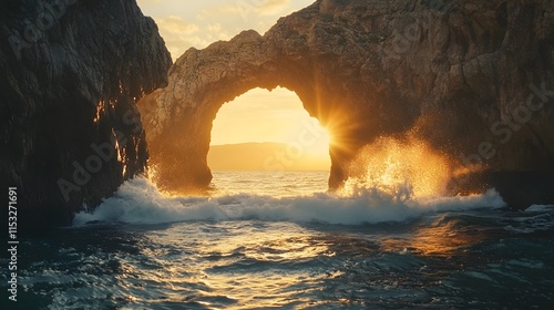 Wide angle of Pe dramatic Dyrhlaey arch wiP crashing waves below, glowing under golden sunlight, in 4K resolution photo