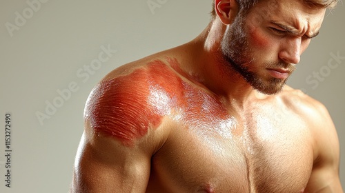 A shirtless man with reddish burn marks and white cream on his shoulder and chest winces in pain. The image can be used to advertise burn treatment products. photo