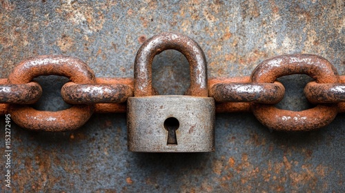 Close-up of a rusty padlock on a metal chain symbolizing security and weapon prohibition, set against a concrete wall background. photo