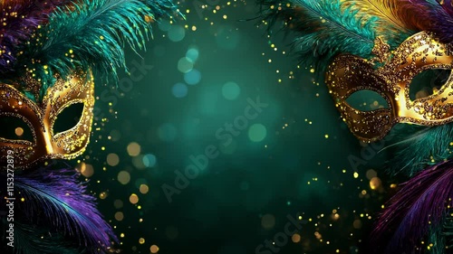 Gras masks with vibrant feathers and glitter on a green bokeh background
