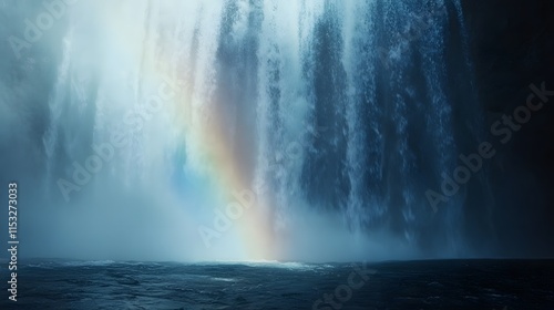 Wide angle and close-up of Gooafoss waterfall, wiP mist rising and vibrant rainbows forming, in 4K resolution