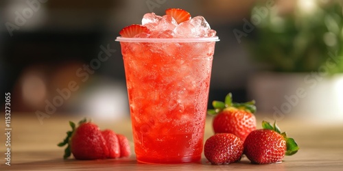 Refreshing strawberry iced soda served in a clear plastic cup, showcasing vibrant color and enticing flavor. This strawberry iced soda is perfect for a hot day and delightful to enjoy.