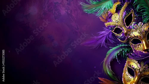 Mardi Gras masks with glitter and colorful feathers against a textured purple background. Perfect background with copy space for themes of celebration, carnival, luxury, and cultural traditions.