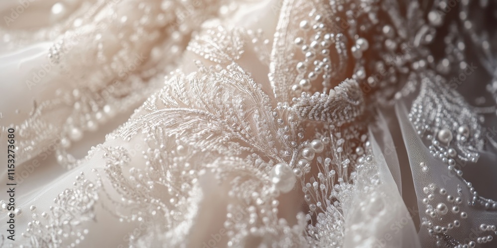 Fototapeta premium Stunning close up of a beautiful wedding dress, showcasing intricate details and elegant design. This beautiful wedding dress captures the essence of romance and sophistication in fashion.