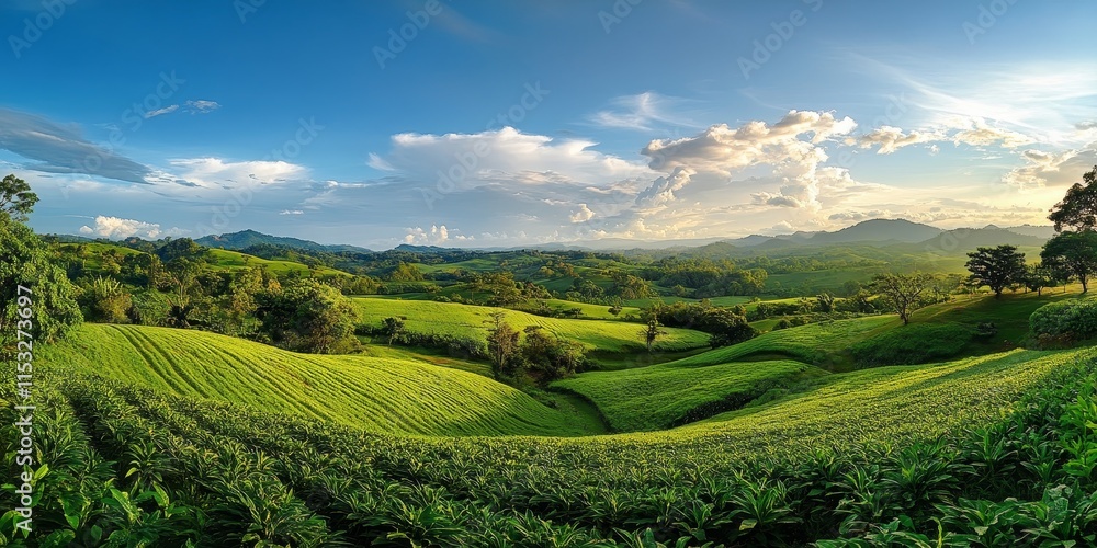 Fototapeta premium A panoramic view of a lush green field showcases the vibrant greenery and natural beauty of the landscape, highlighting the serenity found in this picturesque green field setting.