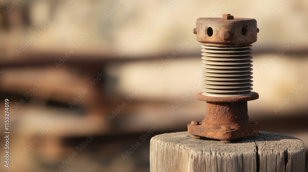 Up-Close View of a Weathered Metal Insulator on a Timber Pole, Highlighting Corrosion-Resistant Rust Prevention Up-Close View of a Weathered Metal Insulator on a Timber Pole, Highlighting Corrosion-Resistant Rust Prevention