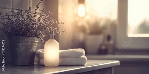 Vintage light filter illuminating a lotion bottle in a bathroom setting, showcasing the elegance and charm of the lotion bottle against a softly lit backdrop in this vintage inspired scene. photo