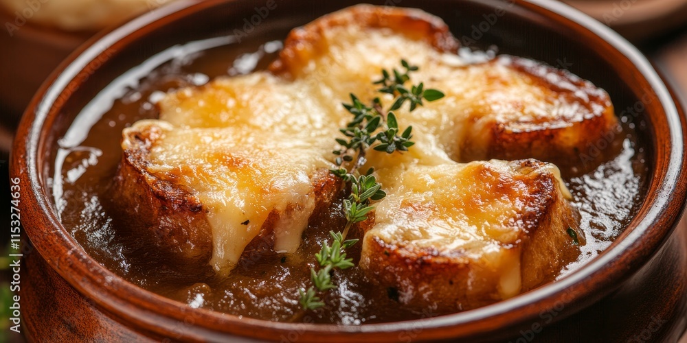 Delicious classic French onion soup topped with cheese croutons and garnished with fresh thyme, presented in a close up view that highlights the rich textures of classic French onion soup. Delicious classic French onion soup topped with cheese croutons and garnished with fresh thyme, presented in a close up view that highlights the rich textures of classic French onion soup.