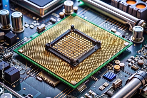 macro shot of a cpu processor on a motherboard with detailed golden contacts, advanced electronic technology concept photo