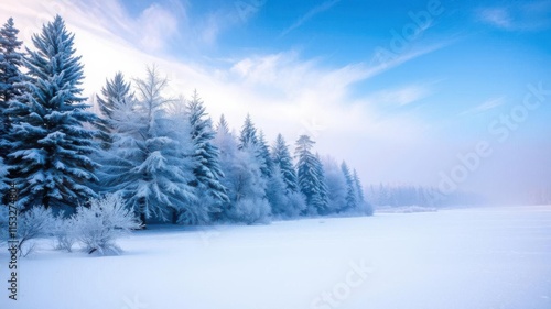 Wallpaper Mural Serene Winter Landscape with Snow-Covered Pines and Calm Frozen Lake Under Clear Blue Sky in Tranquil Natural Setting of Winter Wonderland Torontodigital.ca