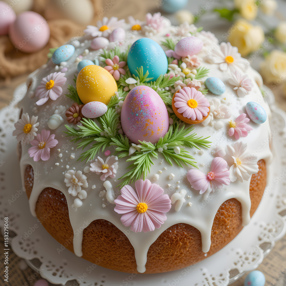 Obraz premium Beautifully decorated Easter cake with colorful eggs and flowers, creating a festive and joyful atmosphere. 