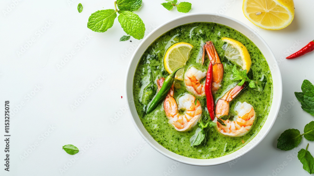 A bowl of rich, green-hued soup featuring bright garnishes of fresh mint leaves, thinly sliced chili, and lemon wedges, with a few large prawns delicately placed on top. Isolated on a white background A bowl of rich, green-hued soup featuring bright garnishes of fresh mint leaves, thinly sliced chili, and lemon wedges, with a few large prawns delicately placed on top. Isolated on a white background