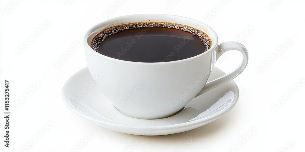 Obraz premium Black hot coffee served in a white ceramic cup, beautifully isolated against a white background. Enjoy the rich, robust flavor of black hot coffee for an ideal beverage experience.