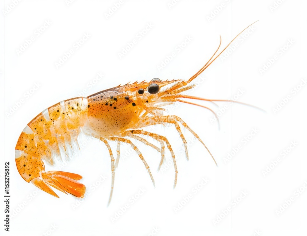 Detailed close-up of a vibrant orange shrimp against a white background showcasing its unique features and textures Detailed close-up of a vibrant orange shrimp against a white background showcasing its unique features and textures