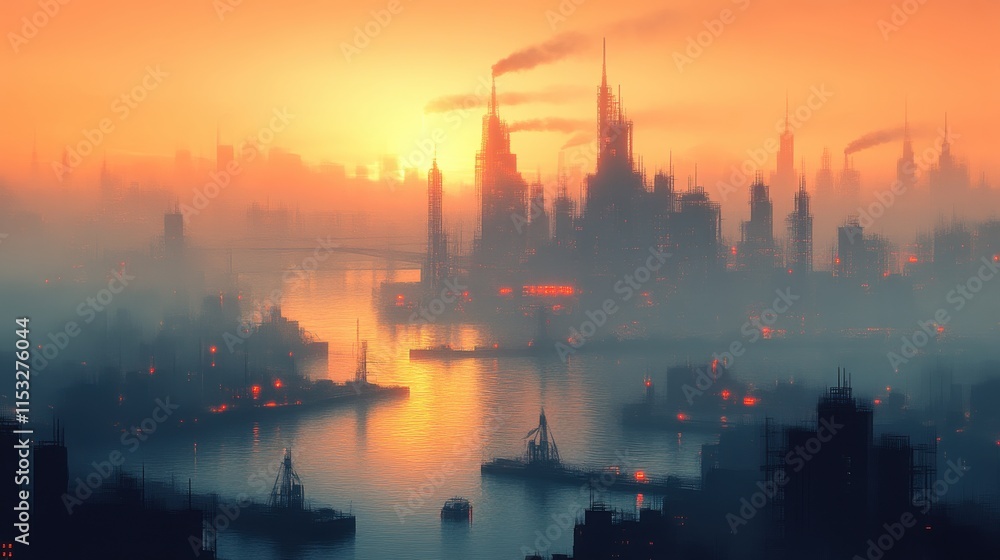 Naklejka premium Misty sunrise over a futuristic city harbor.