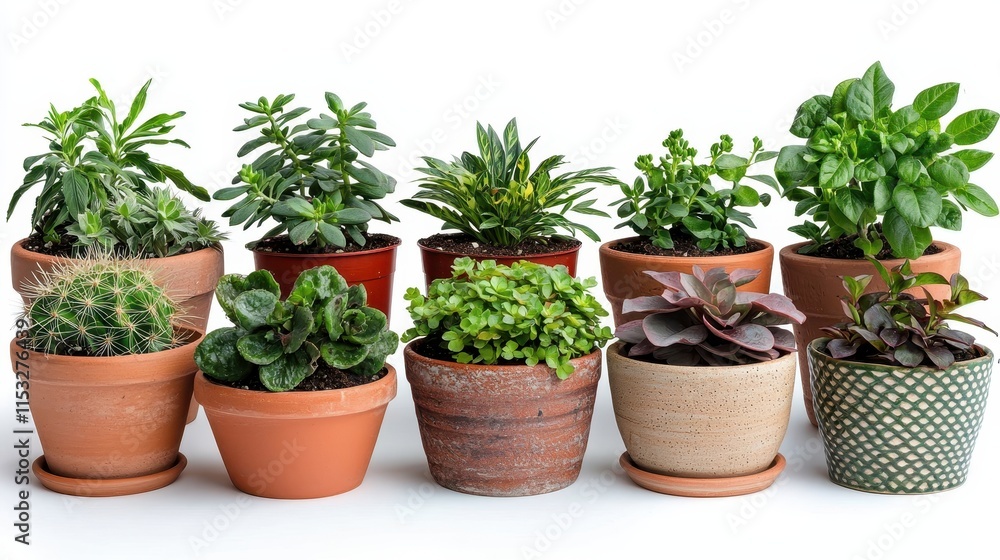 Collection of Various Potted Plants in Natural Clay Pots on White Background Collection of Various Potted Plants in Natural Clay Pots on White Background