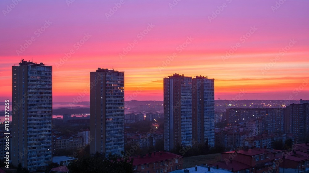 Cityscape at Sunset Three Towers Skyline View Cityscape at Sunset Three Towers Skyline View