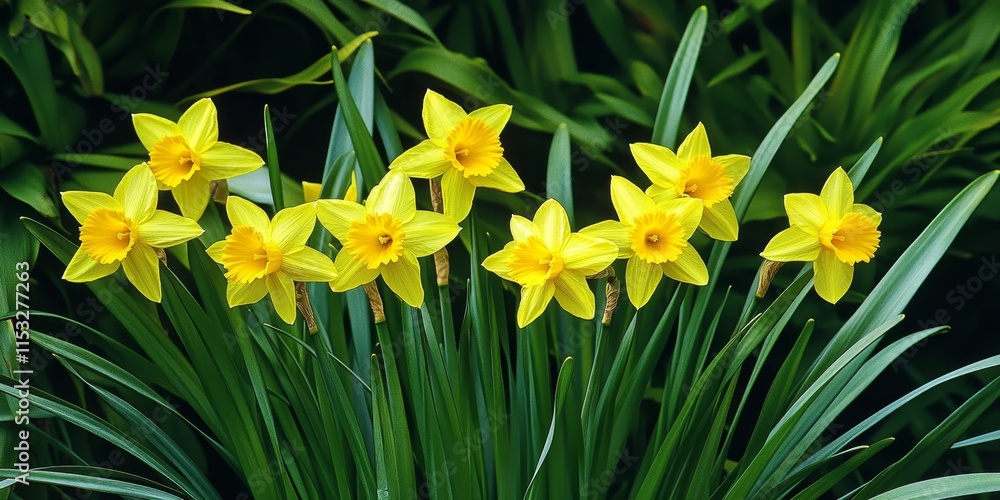 Fototapeta premium Vibrant yellow narcissus blooms accompanied by lush green leaves, creating a stunning display of yellow and green in nature. This yellow narcissus showcases its beauty against the greenery.