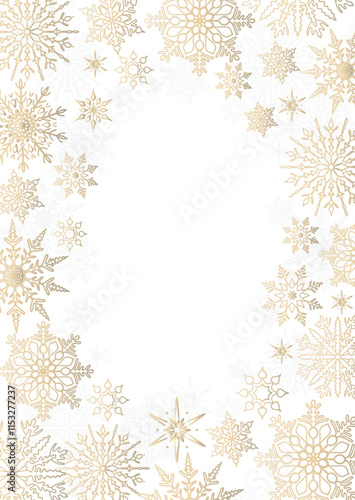 Light white winter, stylized frame and background with golden snowflakes and stars. Vector graphic design best for holidays or on card, invitation or new year. Flying border with snow elements.