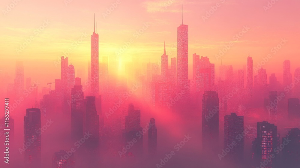 Sunrise Cityscape Misty Skyline Towers Emerging Sunrise Cityscape Misty Skyline Towers Emerging