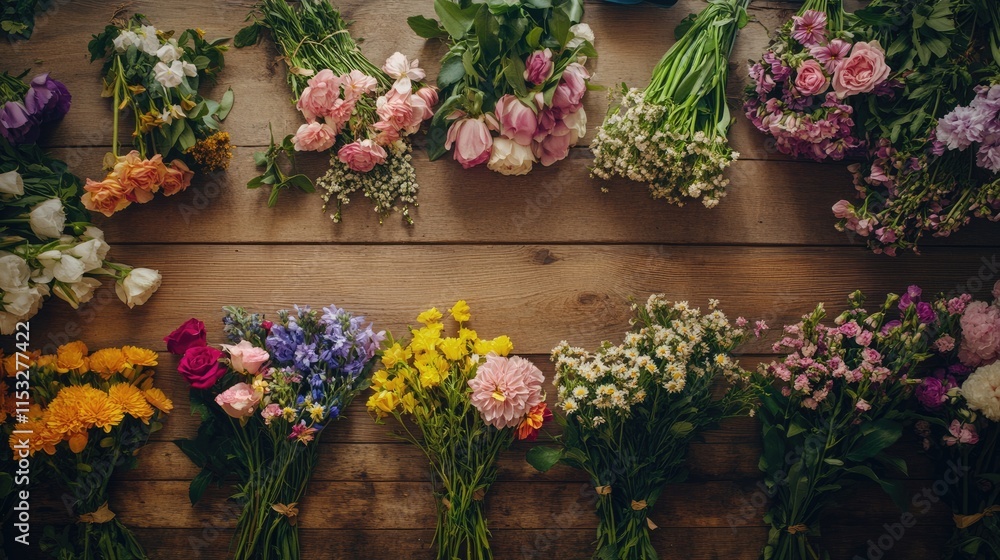 Fototapeta premium Colorful Floral Bouquets Arranged on Rustic Wooden Background