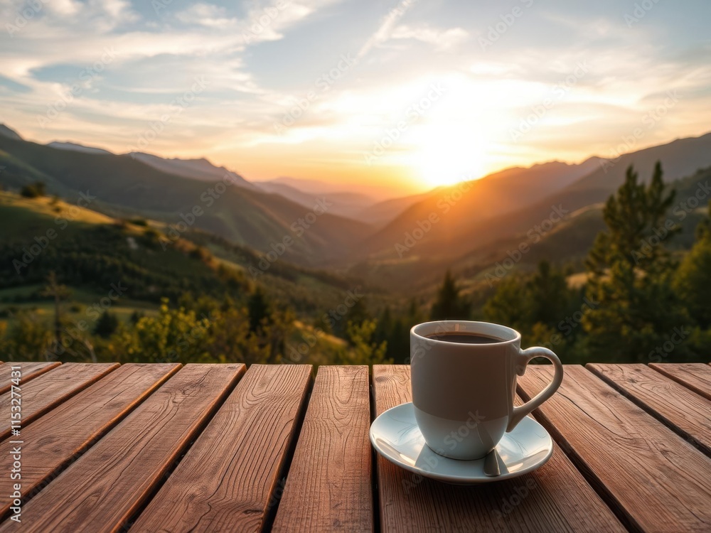 Serene Morning View with Coffee Cup on Wooden Table Overlooking Majestic Mountain Landscape at Sunrise with Warm Sunlight and Clear Sky Serene Morning View with Coffee Cup on Wooden Table Overlooking Majestic Mountain Landscape at Sunrise with Warm Sunlight and Clear Sky