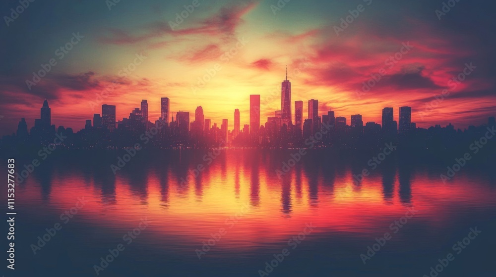 Fototapeta premium City Skyline Silhouette At Sunset Over Water
