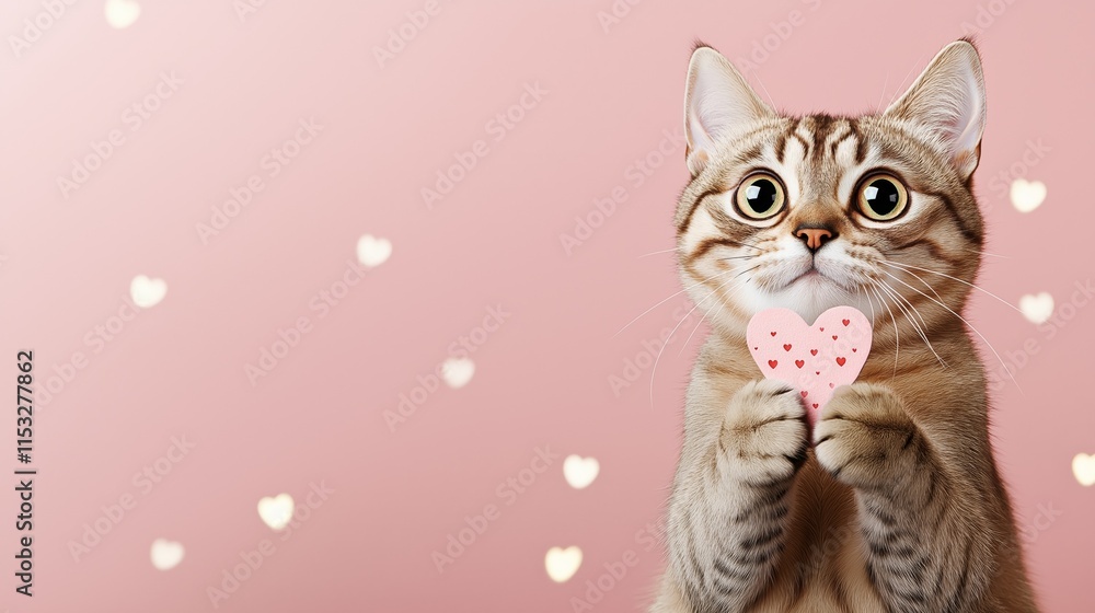 A wide-eyed Scottish Fold cat wearing a red heart-shaped collar for Valentines day romantic and love theme A wide-eyed Scottish Fold cat wearing a red heart-shaped collar for Valentines day romantic and love theme