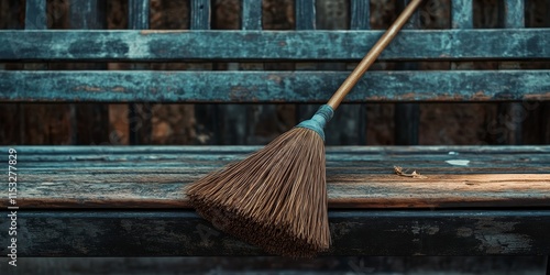 Wallpaper Mural The broom was placed on the bench, showcasing its details and functionality. A broom is essential for cleaning, and here the broom stands out against the backdrop. Torontodigital.ca