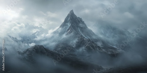 Fototapeta Naklejka Na Ścianę i Meble -  Dramatic landscape featuring a sharp pinnacle within a high mountain range enveloped in low, rainy clouds. This bleak alpine scenery highlights the peaked mountain top against a gloomy, gray sky.