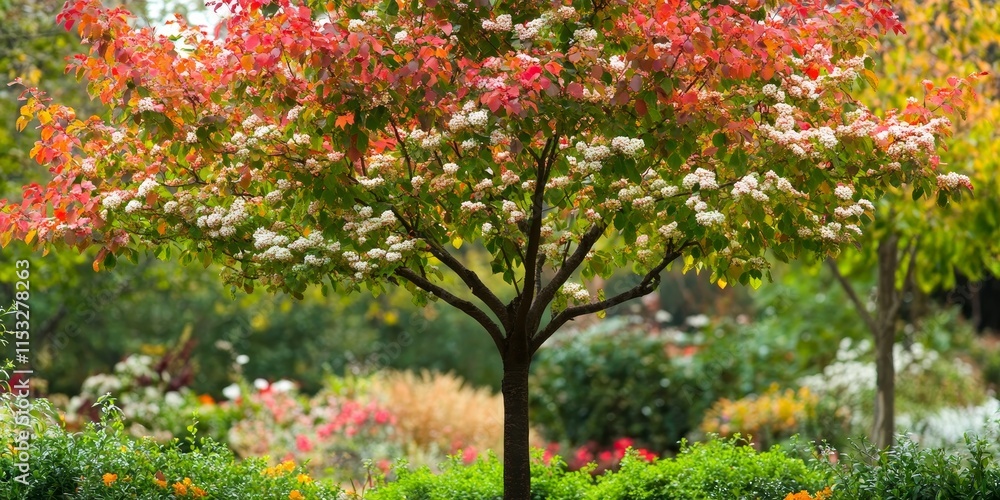 Naklejka premium Stunning tree featuring vibrant green, red, and white leaves, enhancing the beauty of a lovely tree garden, perfect for showcasing the charm of nature s vibrant palette in a garden setting.