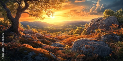 As the sunset unfolds, warm golden orange rays spill across the valley, illuminating lichen covered rocks and lush foliage during this stunning sunset moment. Experience the beauty of sunset. photo