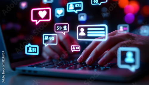 Social Media Engagement on Laptop, Typing on Laptop with Social Media Icons, Online Interaction and Social Media Notifications