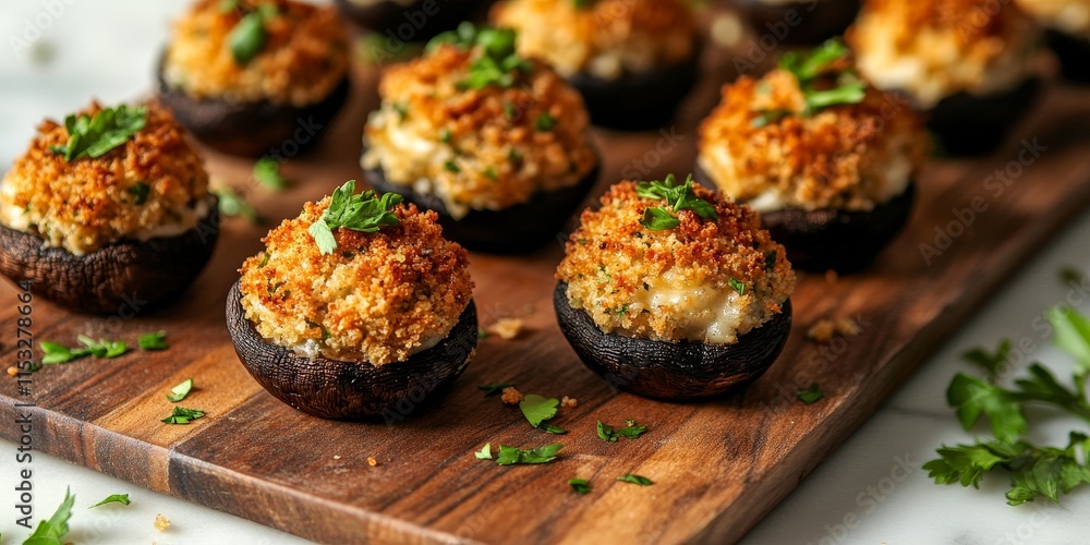 Delicious stuffed mushrooms cups displayed on a wooden board and table. These flavorful stuffed mushrooms cups, featuring breadcrumbs, cheese, and herbs, are prepared for oven cooking. Delicious stuffed mushrooms cups displayed on a wooden board and table. These flavorful stuffed mushrooms cups, featuring breadcrumbs, cheese, and herbs, are prepared for oven cooking.