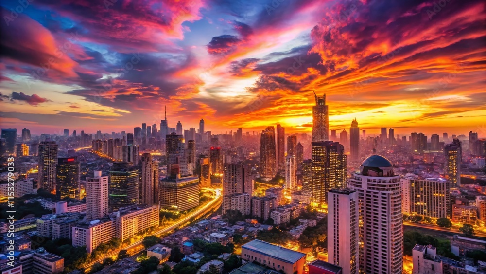 Obraz premium Panoramic Cityscape at Sunset, Vibrant Colorful Sky, Urban Skyline, Metropolis, Golden Hour