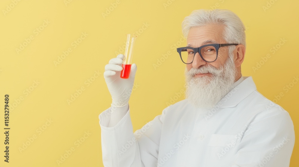 Elderly Scientist in Lab Coat Holding Test Tube with Red Liquid Against Yellow Background Elderly Scientist in Lab Coat Holding Test Tube with Red Liquid Against Yellow Background