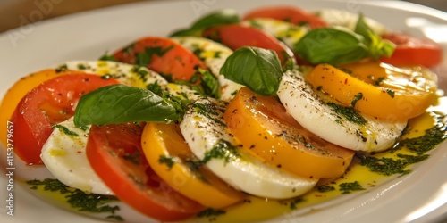 Fresh vegetable Caprese salad featuring vibrant colors and flavors, this Caprese salad embodies the essence of Italian cuisine with a delightful mix of ingredients in a Mediterranean salad style. photo