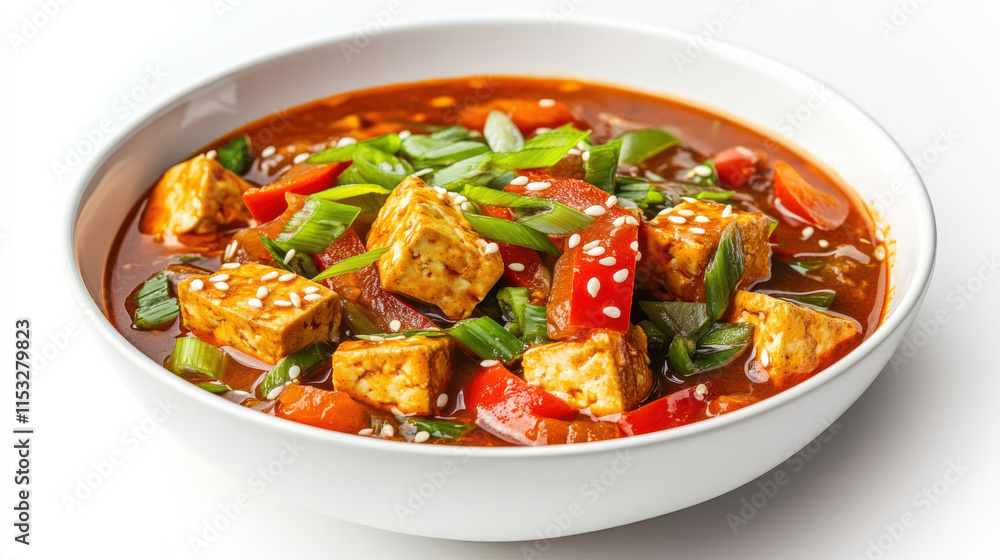 A bowl of deep red curry soup with a glossy surface, loaded with golden tofu cubes and slices of vibrant bell peppers, garnished with thinly sliced scallions and sesame seeds. Presented cleanly agains A bowl of deep red curry soup with a glossy surface, loaded with golden tofu cubes and slices of vibrant bell peppers, garnished with thinly sliced scallions and sesame seeds. Presented cleanly agains