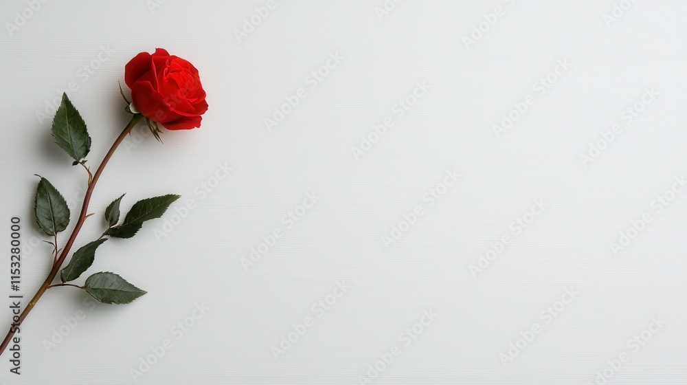 Obraz premium Elegant Red Rose with Green Leaves on Minimalist Light Background for Inspirational Themes