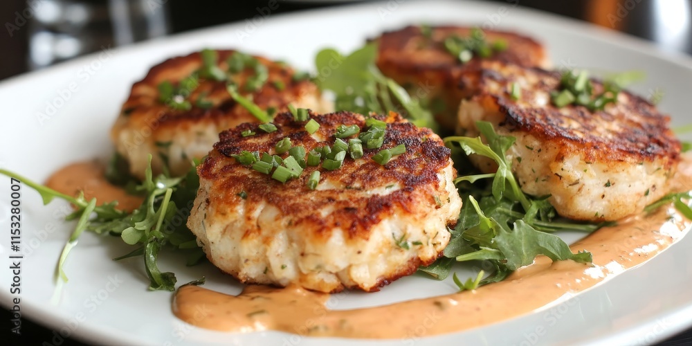 Delicious fish or crab cakes served with fresh greens and a flavorful sauce, highlighting the delightful combination of fish or crab cakes that enhance any meal experience. Delicious fish or crab cakes served with fresh greens and a flavorful sauce, highlighting the delightful combination of fish or crab cakes that enhance any meal experience.