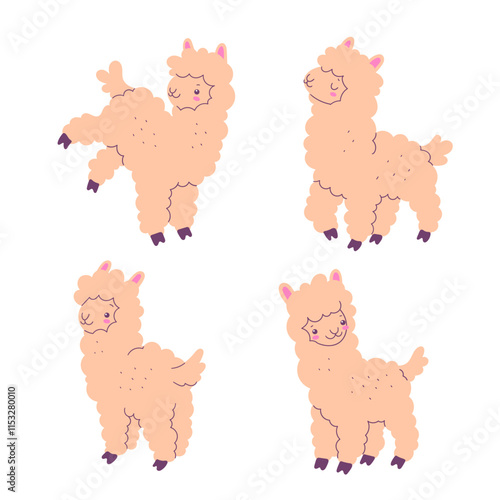 Vector set of children illustrations of alpacas. Cute cartoon lamas. Funny animal character.