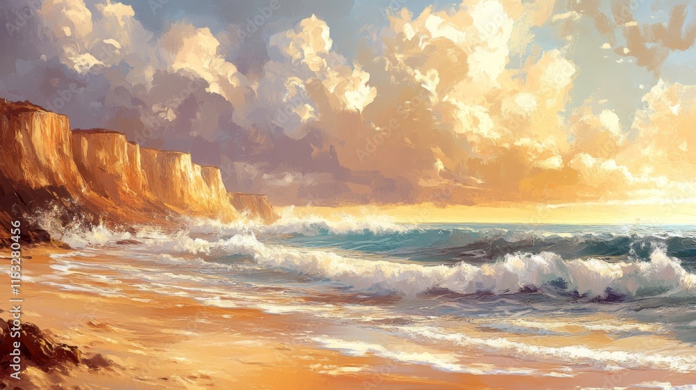 Naklejka premium Golden Cliffs Dramatic Ocean Waves Sunset Beach Scene