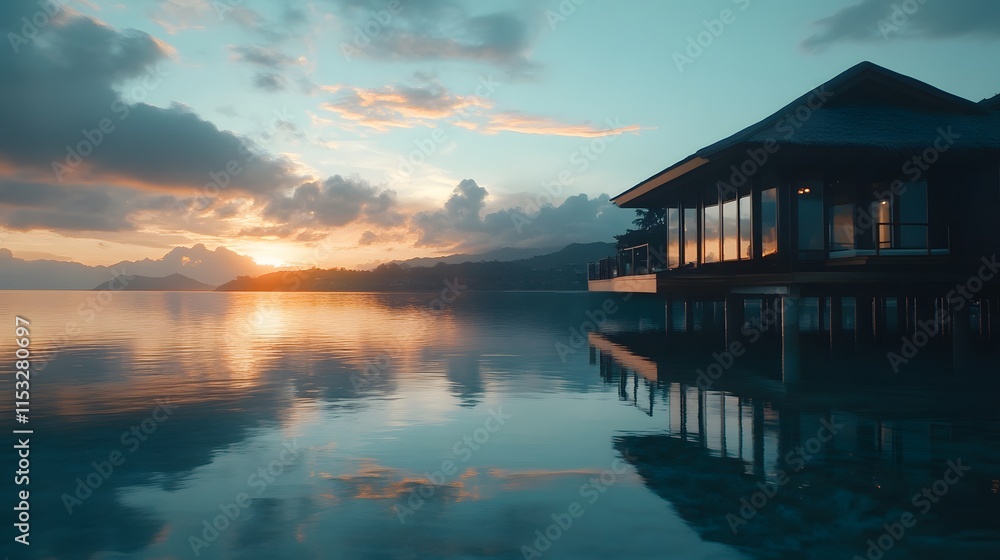 Obraz premium Multiple angles of an overwater bungalow reflecting on crystal-clear waters during sunset, in 4K resolution