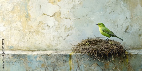 A green bird sits on a deserted, artistic nest near a textured wall, symbolizing a family home awaiting new beginnings. This evokes the theme of nature in springtime. photo