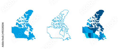 Canada set of three maps - solid map, outline map and map highlighting administrative divisions. Three distinct maps illustrate various representations of a geographical area.