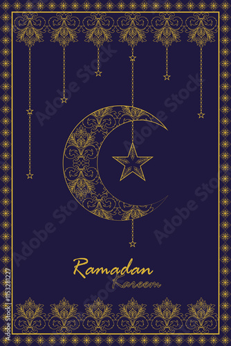 Ramadan Kareem or Eid Mubarak greetings. Golden line Damask pattern with cressent moon and stars on dark blue background. Islamic design for greeting card, event or poster etc.
