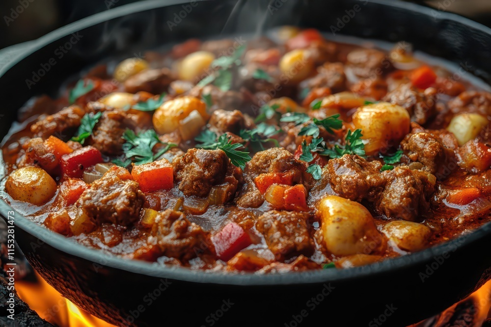 rustic hungarian goulash simmering in a cast iron pot over open flames highlighting the traditional campfire cooking method with rich colors and textures that evoke warmth and comfort rustic hungarian goulash simmering in a cast iron pot over open flames highlighting the traditional campfire cooking method with rich colors and textures that evoke warmth and comfort